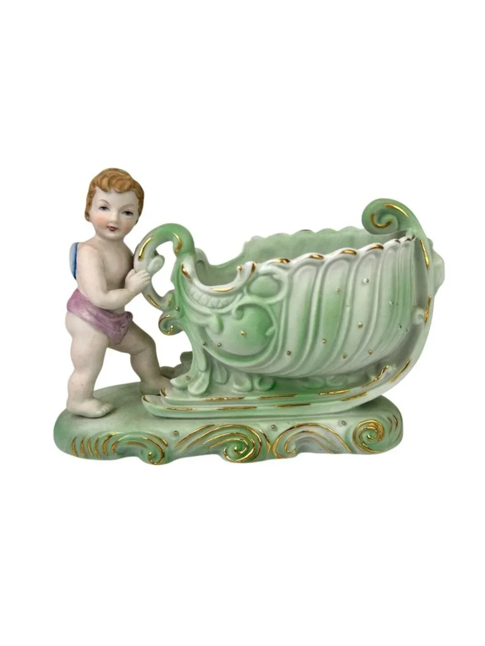 Occupied Japan Andrea Sadek Bisque Cherub Angel Sleigh Planter VTG Gift 1940s